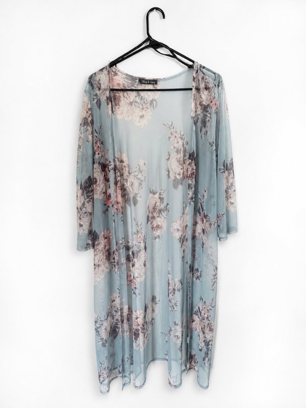 Tiffany & Grey XL Baby Blue Floral Sheer Mesh Long Kimono